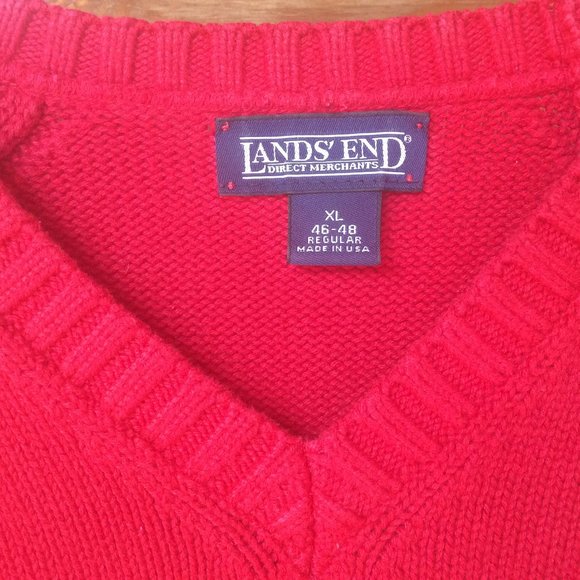 Lands' End Red 100% Cotton Knit Festive V-neck Men's Sweater Size XL 46-48 - Picture 2 of 4